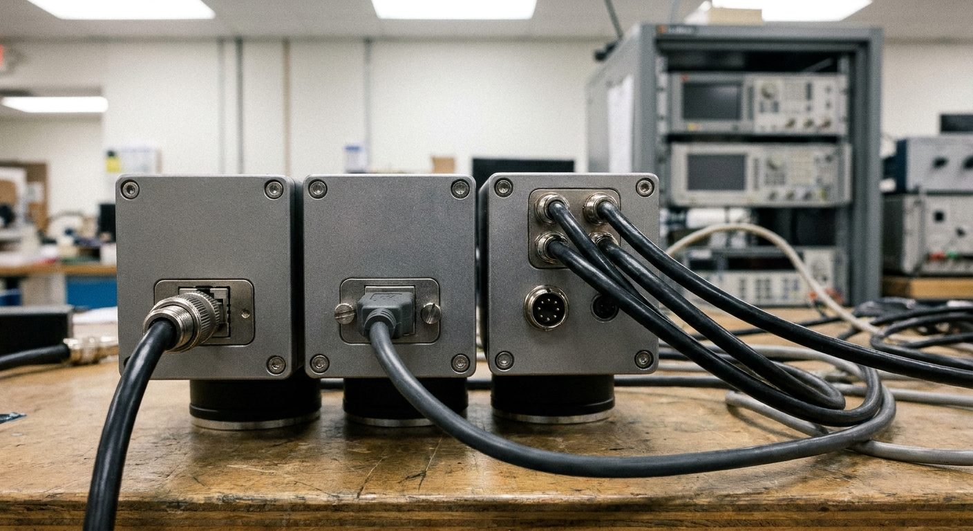 Rear view of three industrial machine vision cameras on a test bench with screw-locking Ethernet, USB and coaxial cables connected.