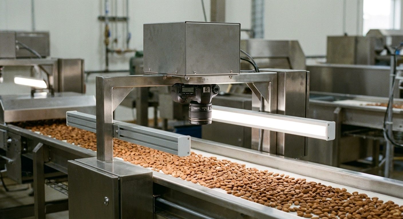 An industrial camera enclosure above a food processing conveyor carrying shelled almonds under bar lights.