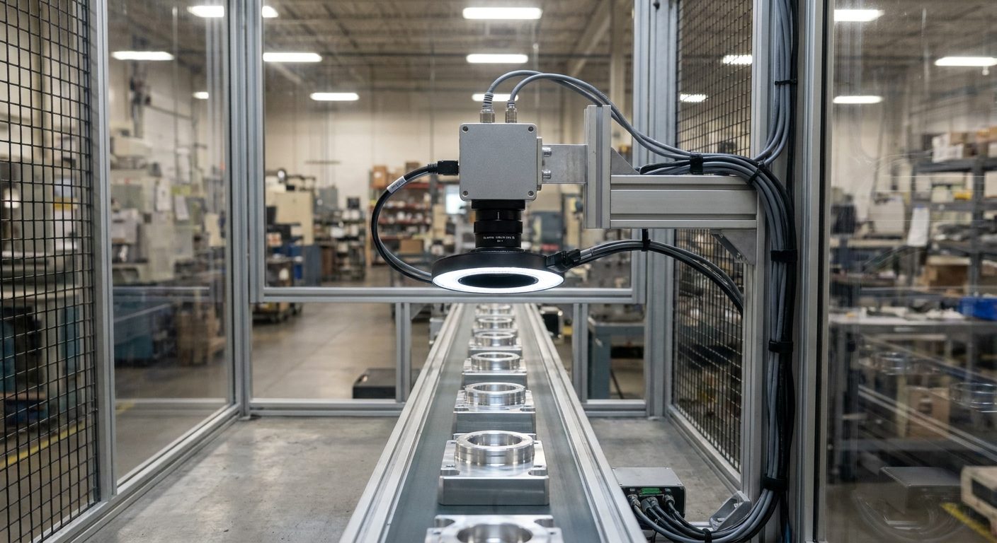 A compact industrial area scan camera with a ring light mounted on a bracket above a conveyor of machined metal parts in an inspection cell.