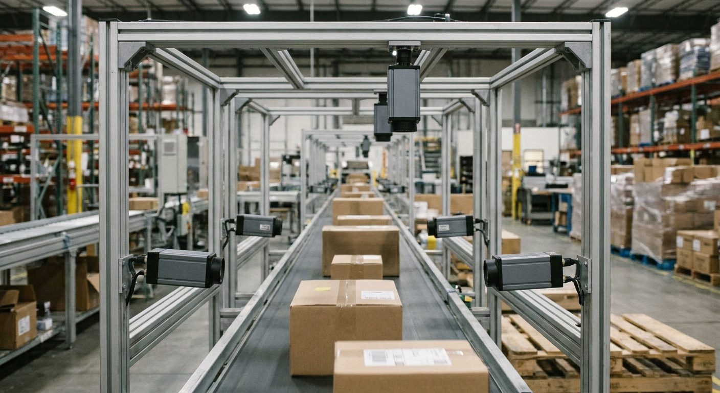Machine vision cameras mounted overhead and at the sides of a parcel conveyor in a distribution center.