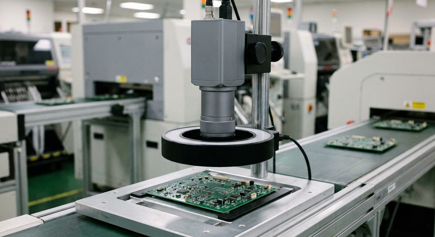 An area scan camera with a ring light mounted above a printed circuit board on an inspection stage in an electronics assembly line.